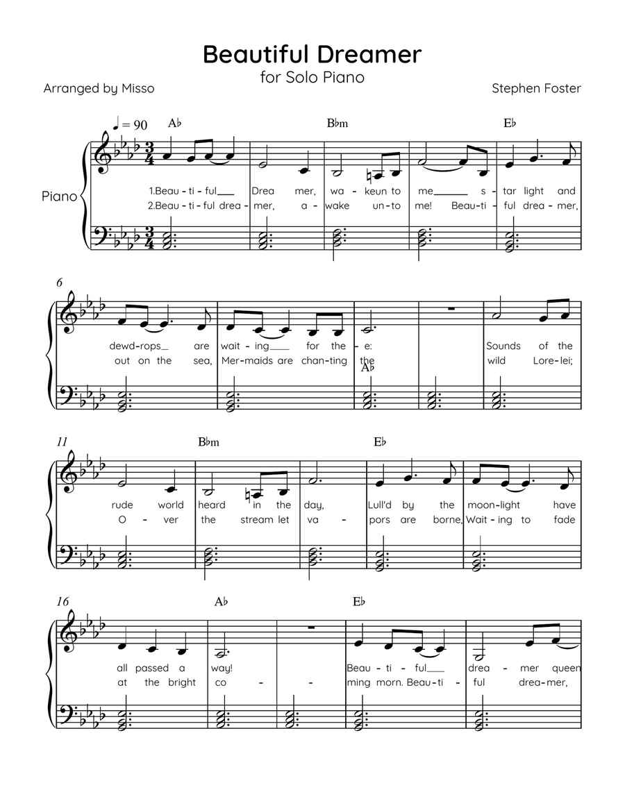 Beautiful Dreamer - Solo Piano in Ab Major Easy - Lyrics & Chords (Version Tom Roush) Easy Piano scores gallery preview page 1