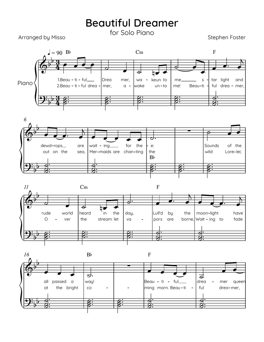 Beautiful Dreamer - Solo Piano in Bb Major Easy - Lyrics & Chords (Version Tom Roush) Easy Piano scores gallery preview page 1