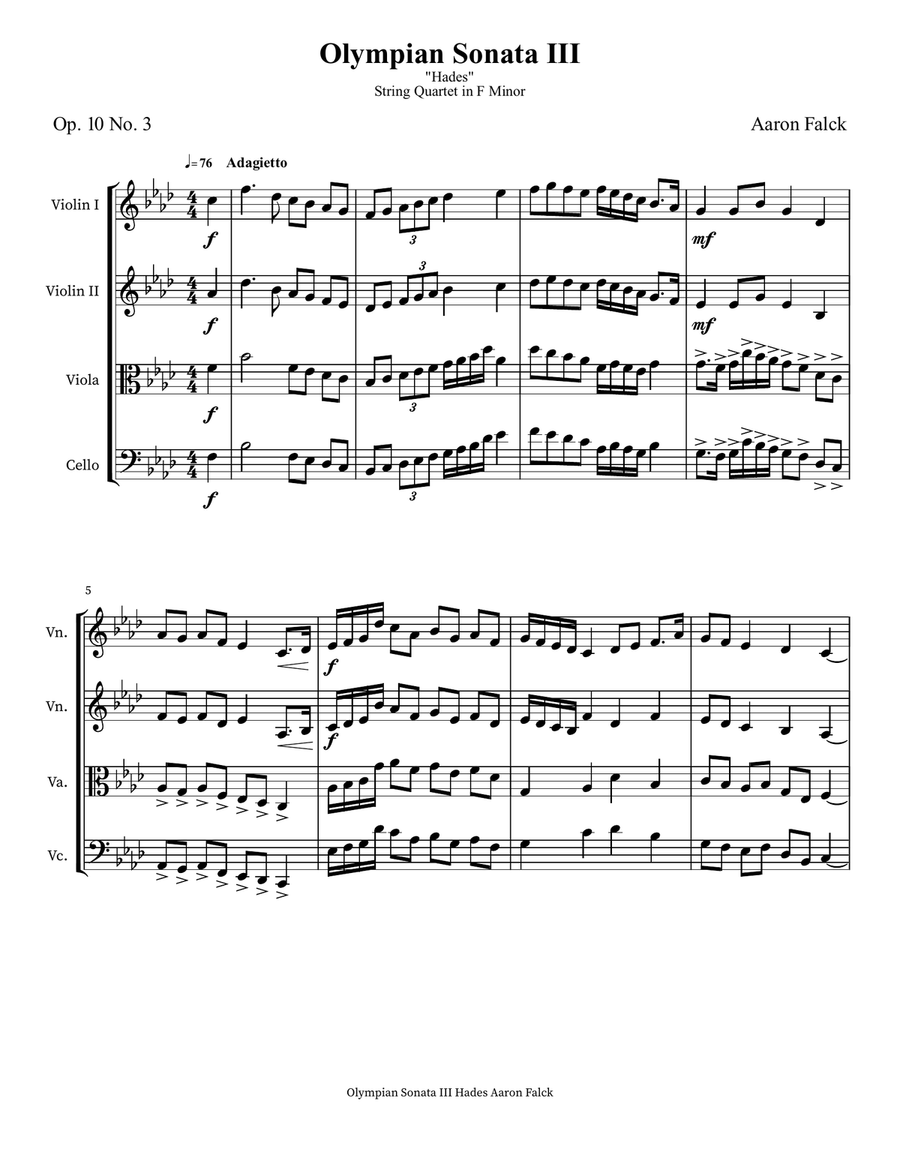 Olympian Sonata (Op. 10 No. 3): III. Hades String Quartet scores gallery preview page 1