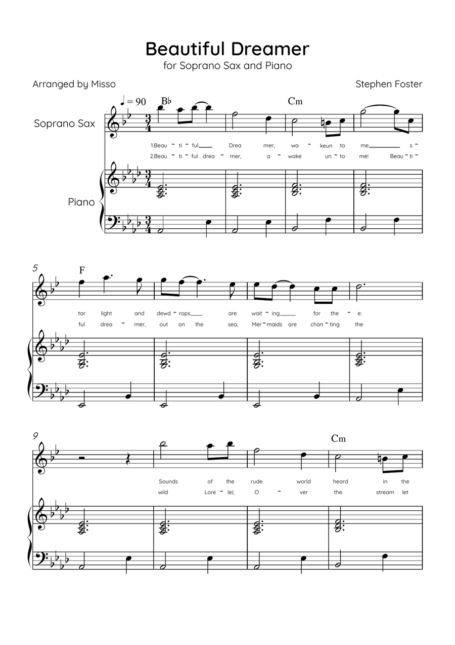 Beautiful Dreamer - Soprano Sax and Piano in Ab Major Easy - Lyrics & Chords (Version Tom Roush) Soprano Saxophone scores gallery preview page 1