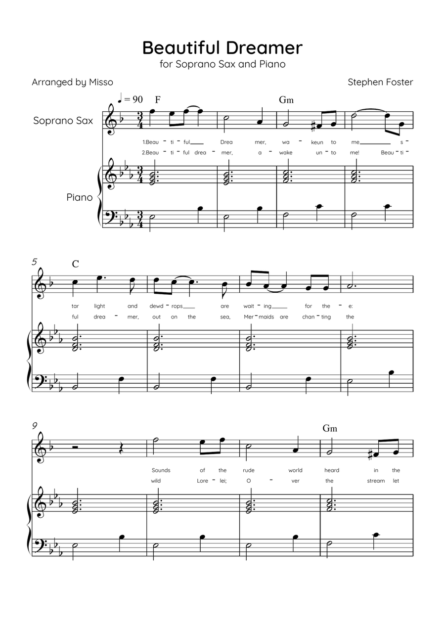 Beautiful Dreamer - Soprano Sax and Piano in Eb Major Easy - Lyrics & Chords (Version Tom Roush) Soprano Saxophone scores gallery preview page 1