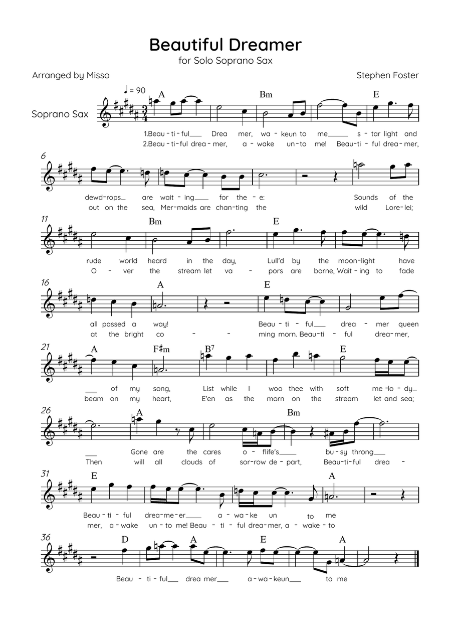 Beautiful Dreamer - Solo Soprano Sax in A Major Easy - Lyrics & Chords (Version Tom Roush) Soprano Saxophone scores gallery preview page 1