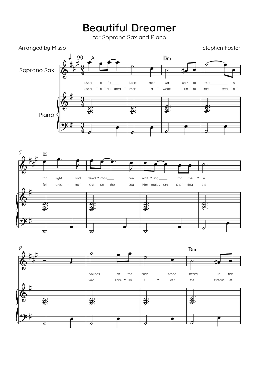 Beautiful Dreamer - Soprano Sax and Piano in G Major Easy - Lyrics & Chords (Version Tom Roush) Soprano Saxophone scores gallery preview page 1