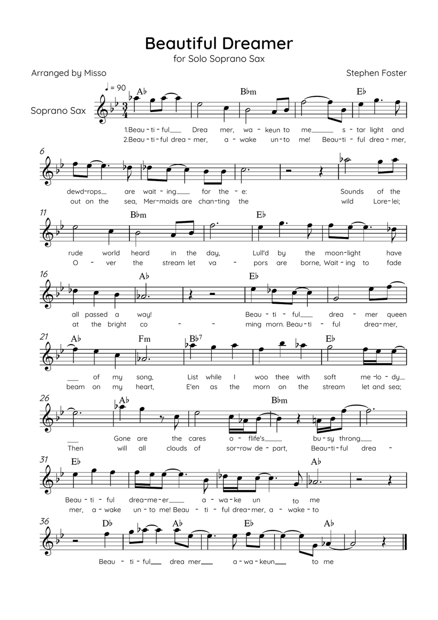 Beautiful Dreamer - Solo Soprano Sax in Ab Major Easy - Lyrics & Chords (Version Tom Roush) Soprano Saxophone scores gallery preview page 1