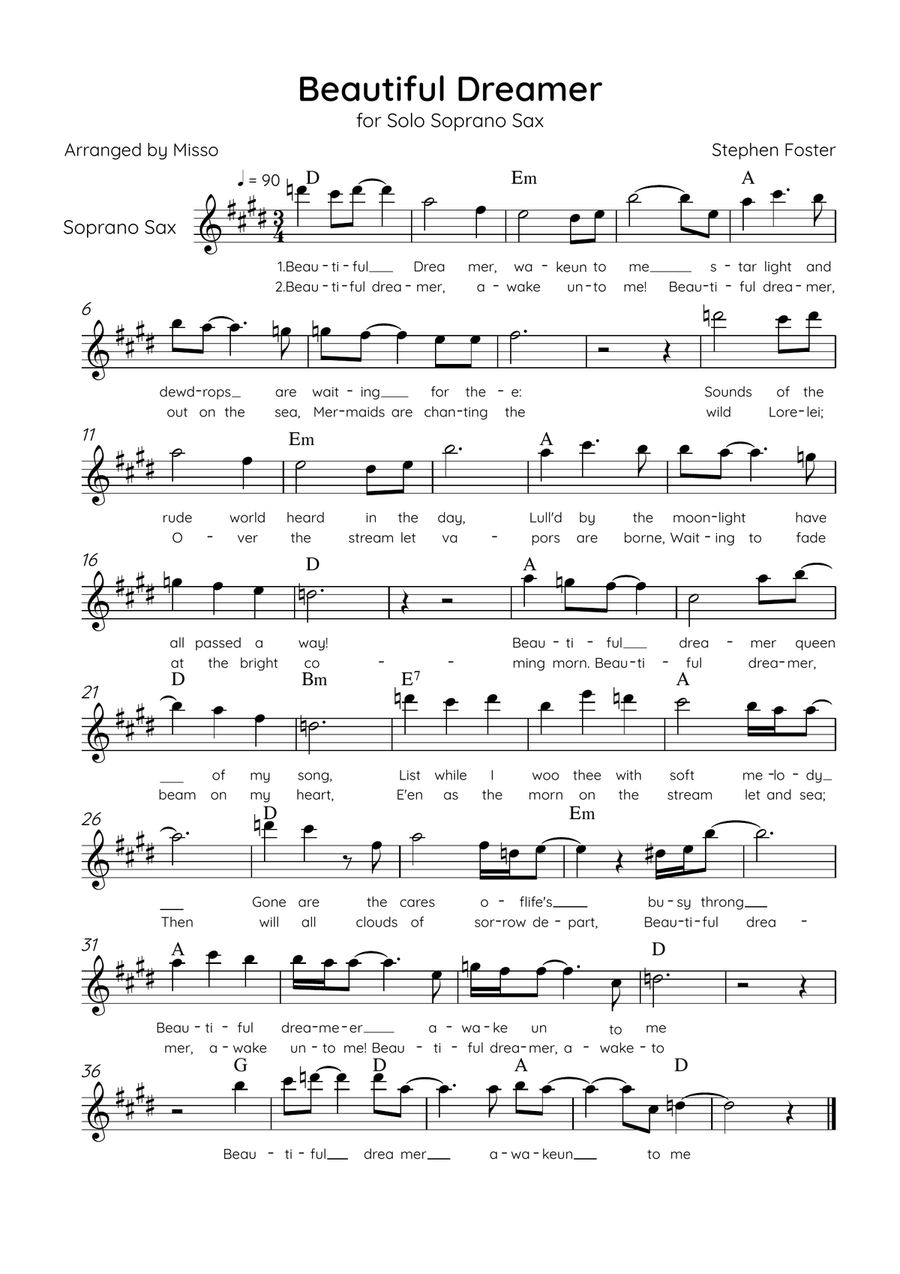 Beautiful Dreamer - Solo Soprano Sax in D Major Easy - Lyrics & Chords (Version Tom Roush) Soprano Saxophone scores gallery preview page 1