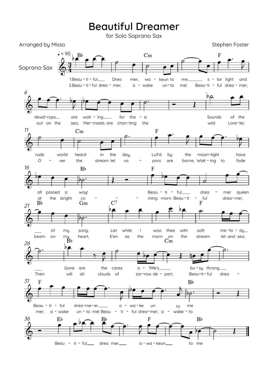 Beautiful Dreamer - Solo Soprano Sax in Bb Major Easy - Lyrics & Chords (Version Tom Roush) Soprano Saxophone scores gallery preview page 1
