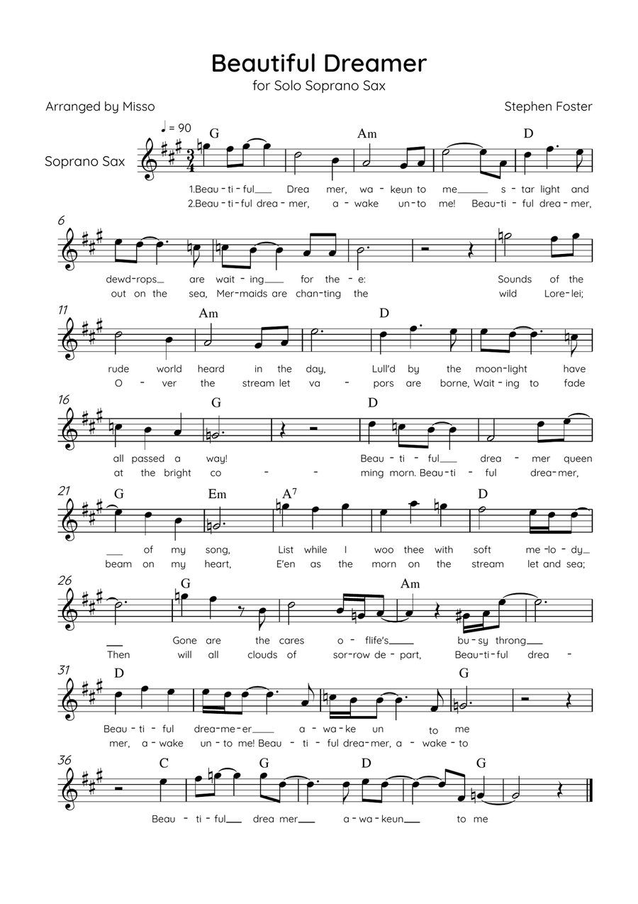 Beautiful Dreamer - Solo Soprano Sax in G Major Easy - Lyrics & Chords (Version Tom Roush) Soprano Saxophone scores gallery preview page 1