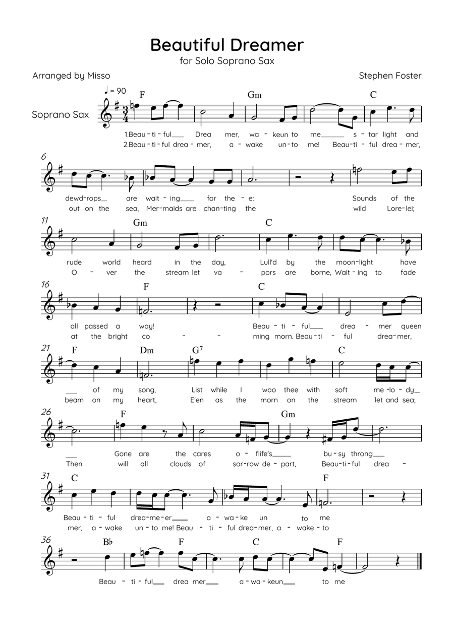 Beautiful Dreamer - Solo Soprano Sax in F Major Easy - Lyrics & Chords (Version Tom Roush) Soprano Saxophone scores gallery preview page 1