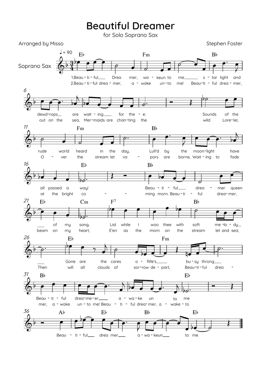 Beautiful Dreamer - Solo Soprano Sax in Eb Major Easy - Lyrics & Chords (Version Tom Roush) Soprano Saxophone scores gallery preview page 1