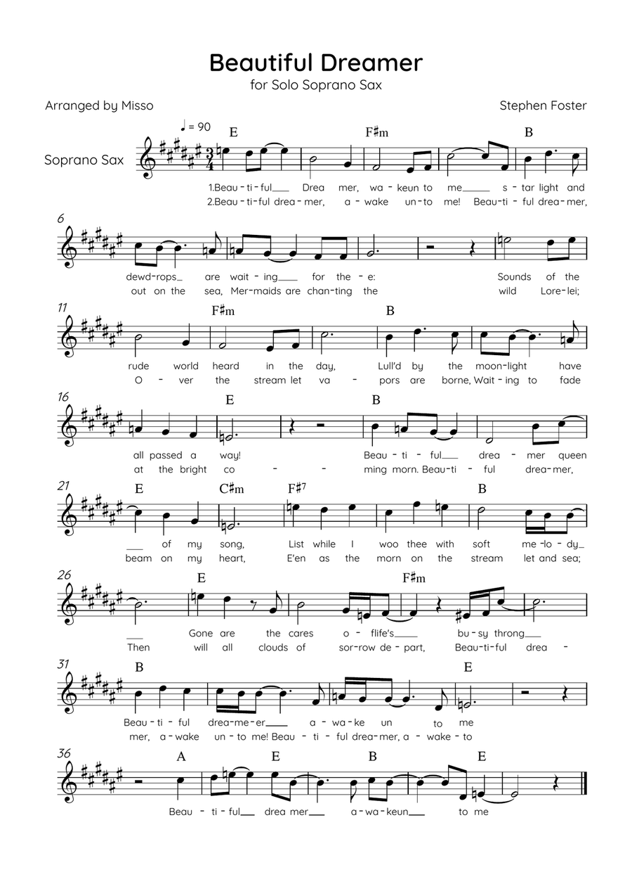Beautiful Dreamer - Solo Soprano Sax in E Major Easy - Lyrics & Chords (Version Tom Roush) Soprano Saxophone scores gallery preview page 1