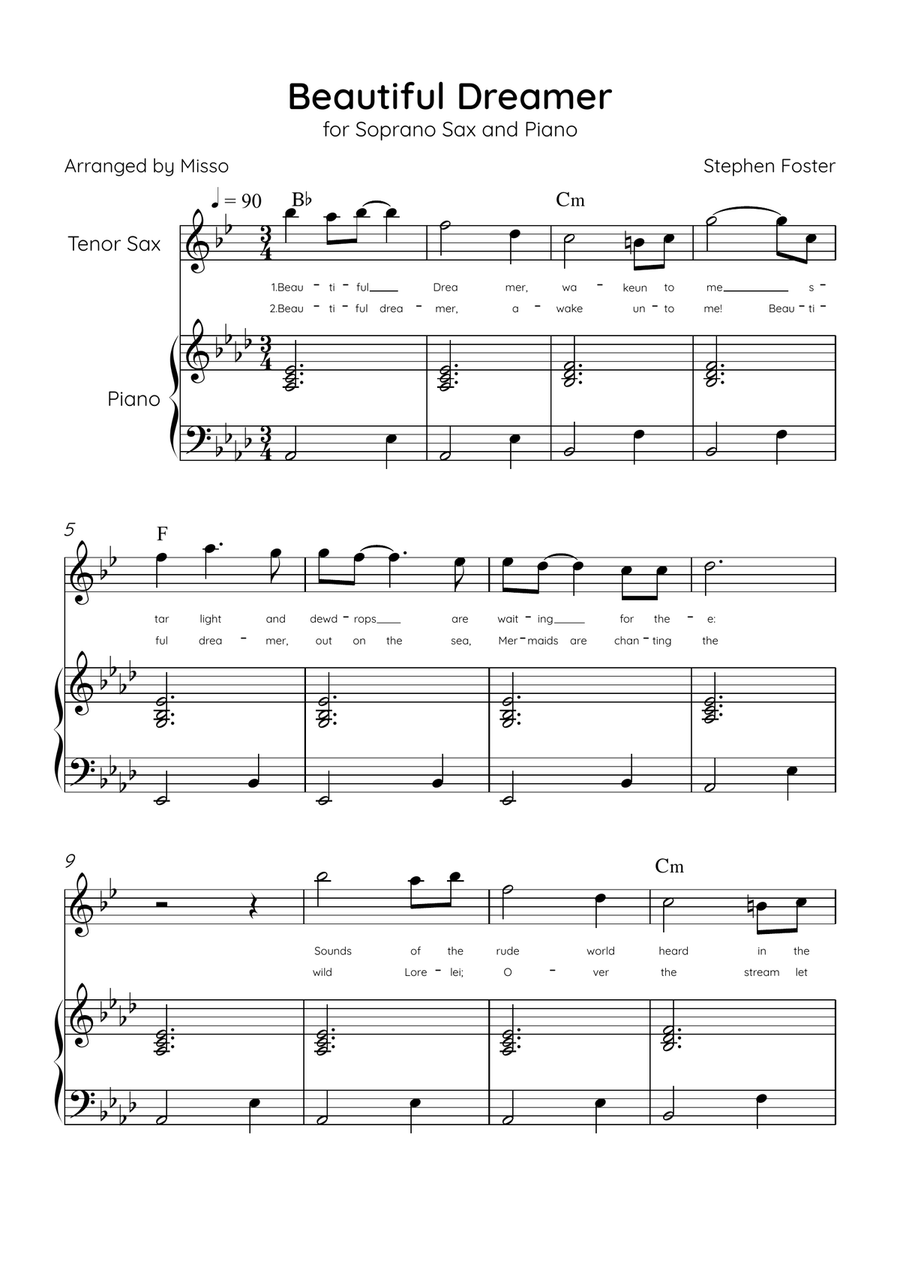 Beautiful Dreamer - Tenor Sax and Piano in Ab Major Easy - Lyrics & Chords (Version Tom Roush) Tenor Saxophone scores gallery preview page 1