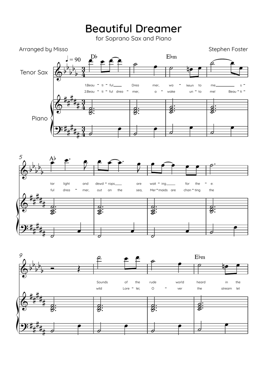 Beautiful Dreamer - Tenor Sax and Piano in B Major Easy - Lyrics & Chords (Version Tom Roush) Tenor Saxophone scores gallery preview page 1