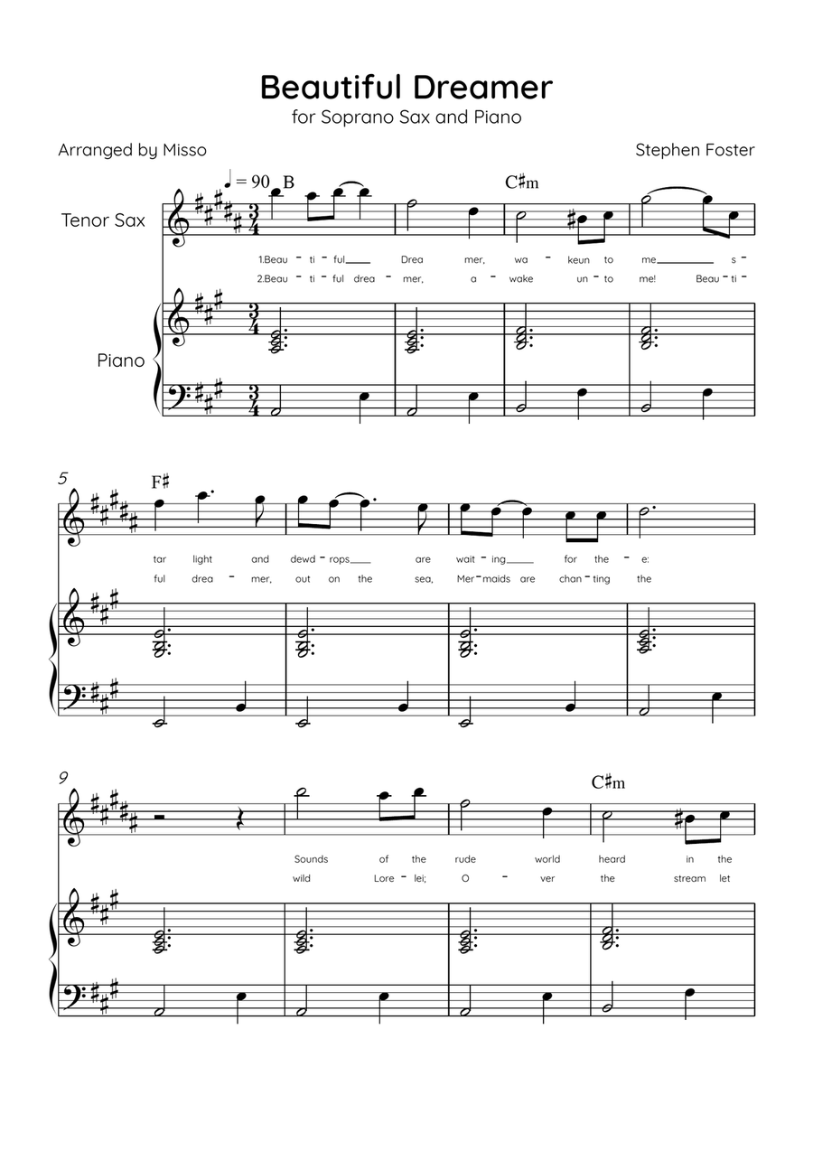 Beautiful Dreamer - Tenor Sax and Piano in A Major Easy - Lyrics & Chords (Version Tom Roush) Tenor Saxophone scores gallery preview page 1