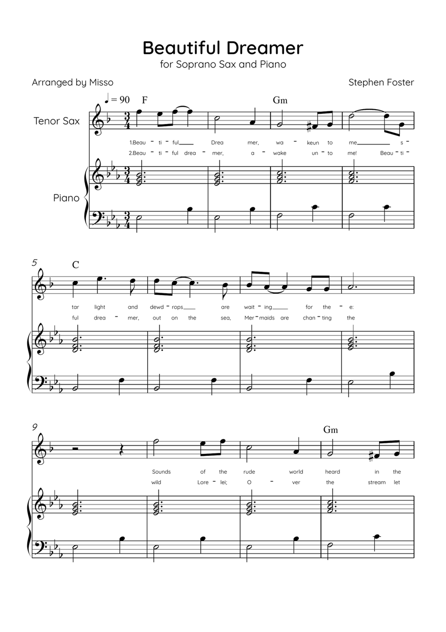 Beautiful Dreamer - Tenor Sax and Piano in Eb Major Easy - Lyrics & Chords (Version Tom Roush) Tenor Saxophone scores gallery preview page 1