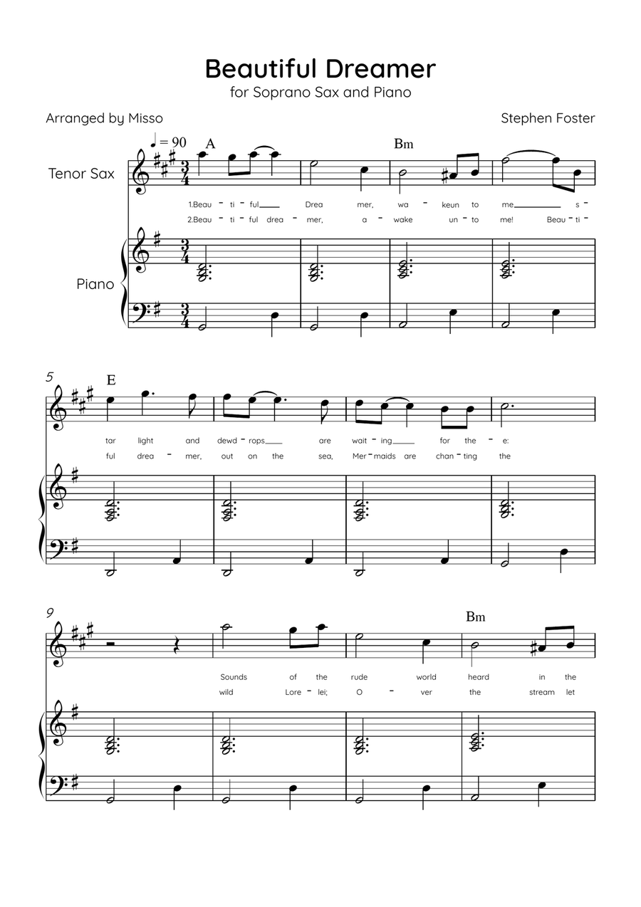 Beautiful Dreamer - Tenor Sax and Piano in G Major Easy - Lyrics & Chords (Version Tom Roush) Tenor Saxophone scores gallery preview page 1
