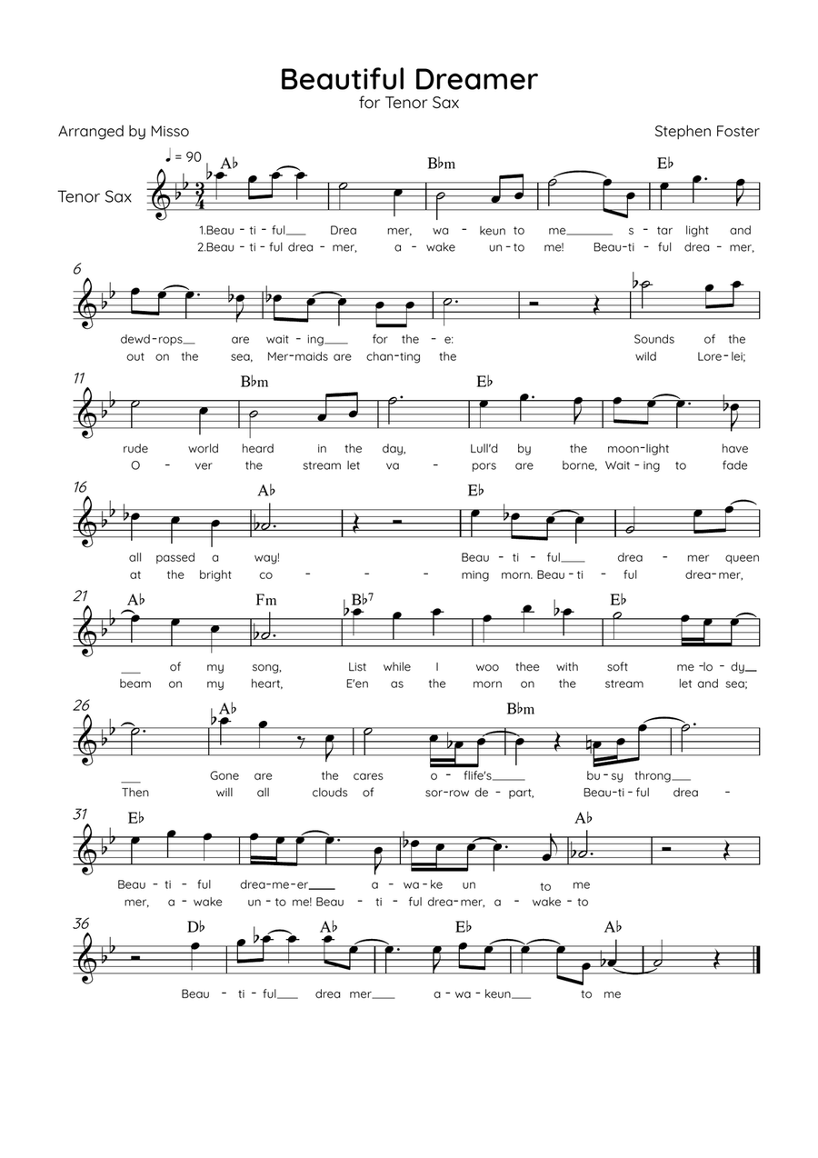Beautiful Dreamer - Solo Tenor Sax in Ab Major Easy - Lyrics & Chords (Version Tom Roush) Tenor Saxophone scores gallery preview page 1