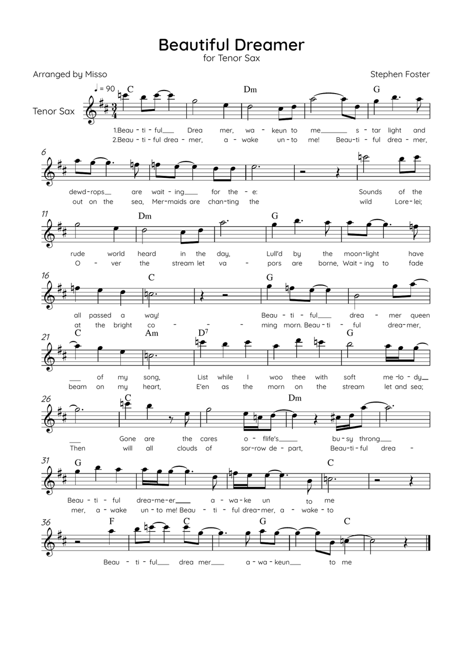 Beautiful Dreamer - Solo Tenor Sax in C Major Easy - Lyrics & Chords (Version Tom Roush) Tenor Saxophone scores gallery preview page 1