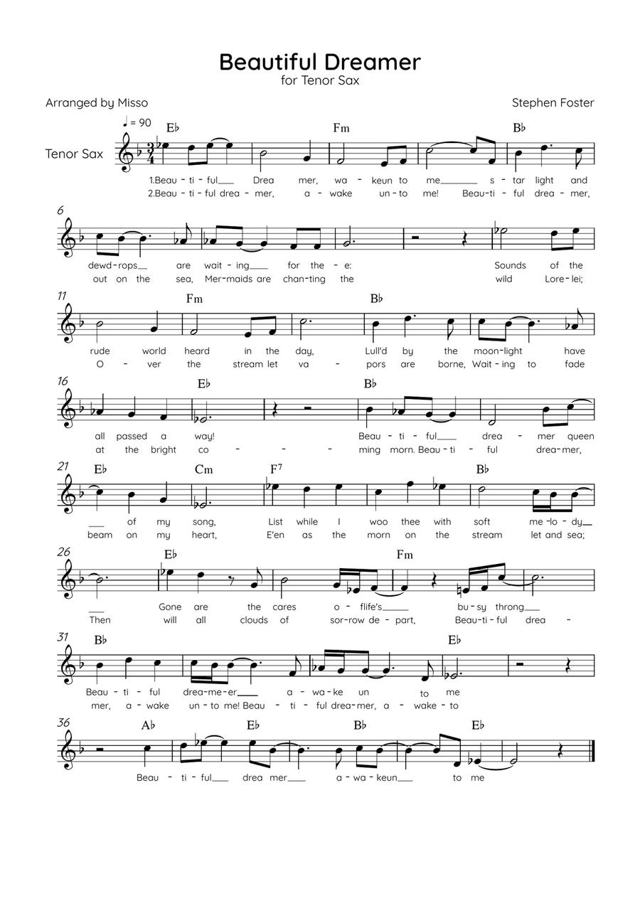 Beautiful Dreamer - Solo Tenor Sax in Eb Major Easy - Lyrics & Chords (Version Tom Roush) Tenor Saxophone scores gallery preview page 1