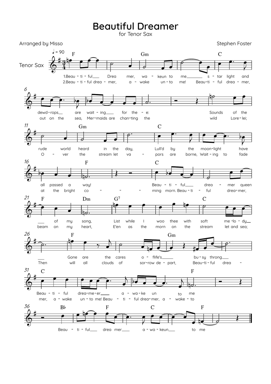 Beautiful Dreamer - Solo Tenor Sax in F Major Easy - Lyrics & Chords (Version Tom Roush) Tenor Saxophone scores gallery preview page 1