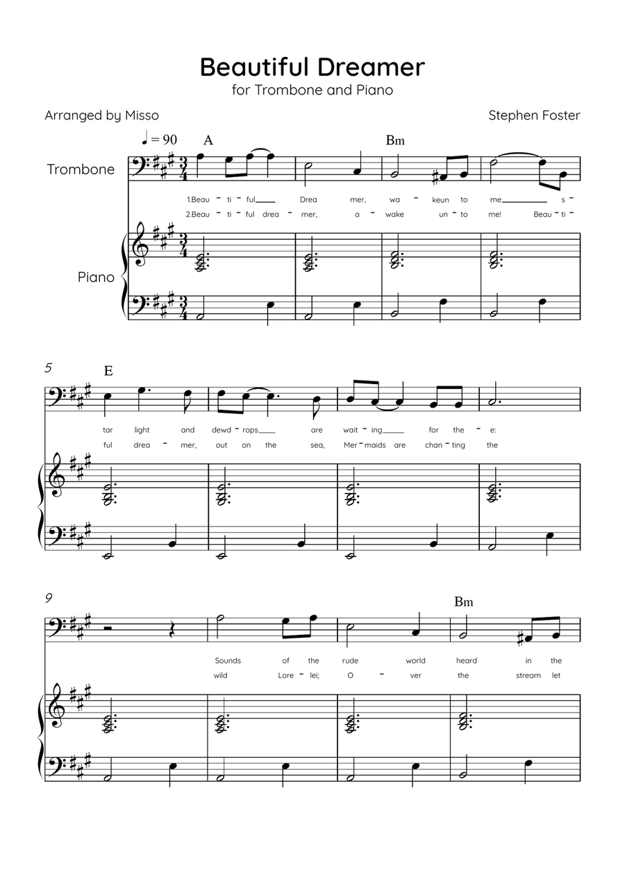 Beautiful Dreamer - Trombone and Piano in A Major Easy - Lyrics & Chords (Version Tom Roush) Piano Accompaniment scores gallery preview page 1