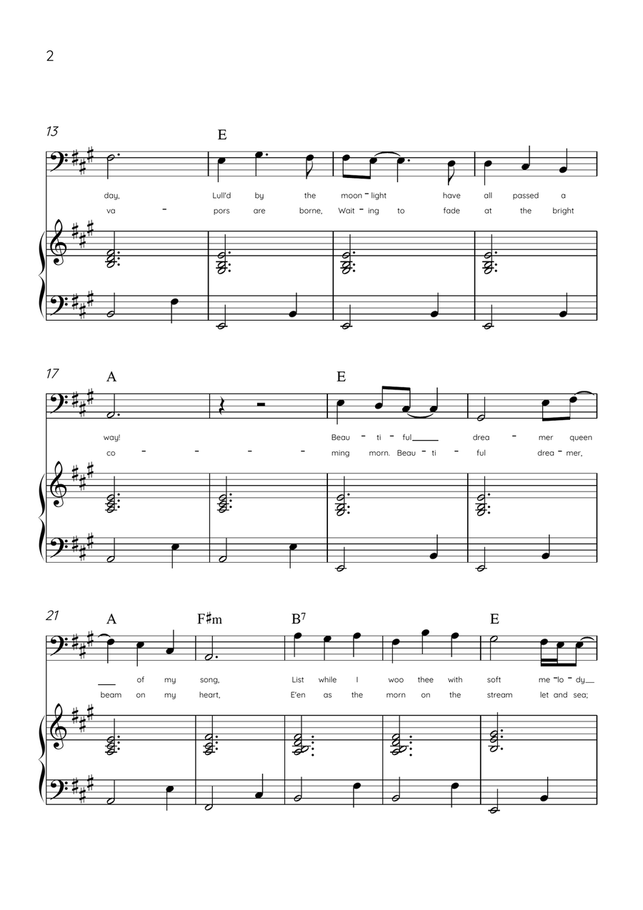 Beautiful Dreamer - Trombone and Piano in A Major Easy - Lyrics & Chords (Version Tom Roush) Piano Accompaniment scores gallery preview page 2