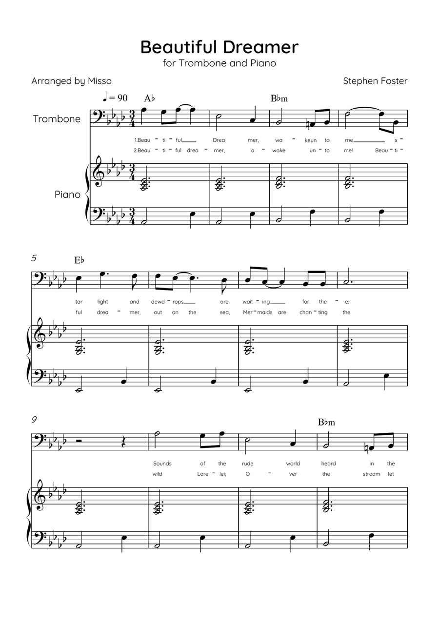 Beautiful Dreamer - Trombone and Piano in Ab Major Easy - Lyrics & Chords (Version Tom Roush) Piano Accompaniment scores gallery preview page 1