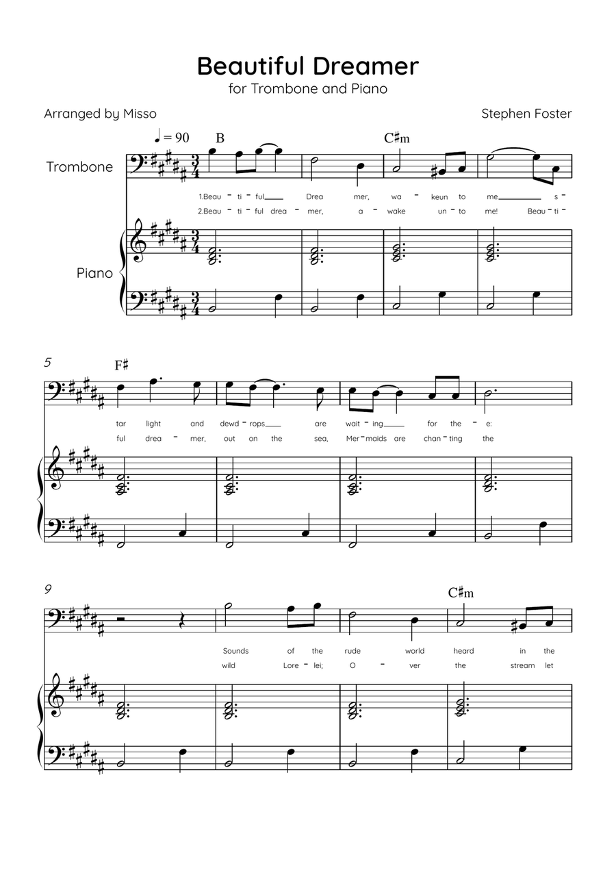 Beautiful Dreamer - Trombone and Piano in B Major Easy - Lyrics & Chords (Version Tom Roush) Piano Accompaniment scores gallery preview page 1