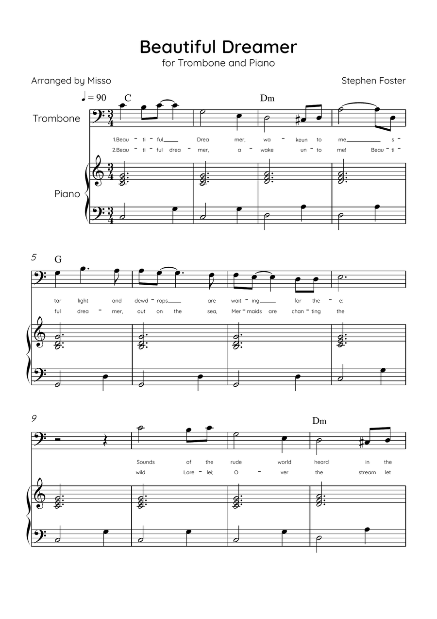 Beautiful Dreamer - Trombone and Piano in C Major Easy - Lyrics & Chords (Version Tom Roush) Piano Accompaniment scores gallery preview page 1