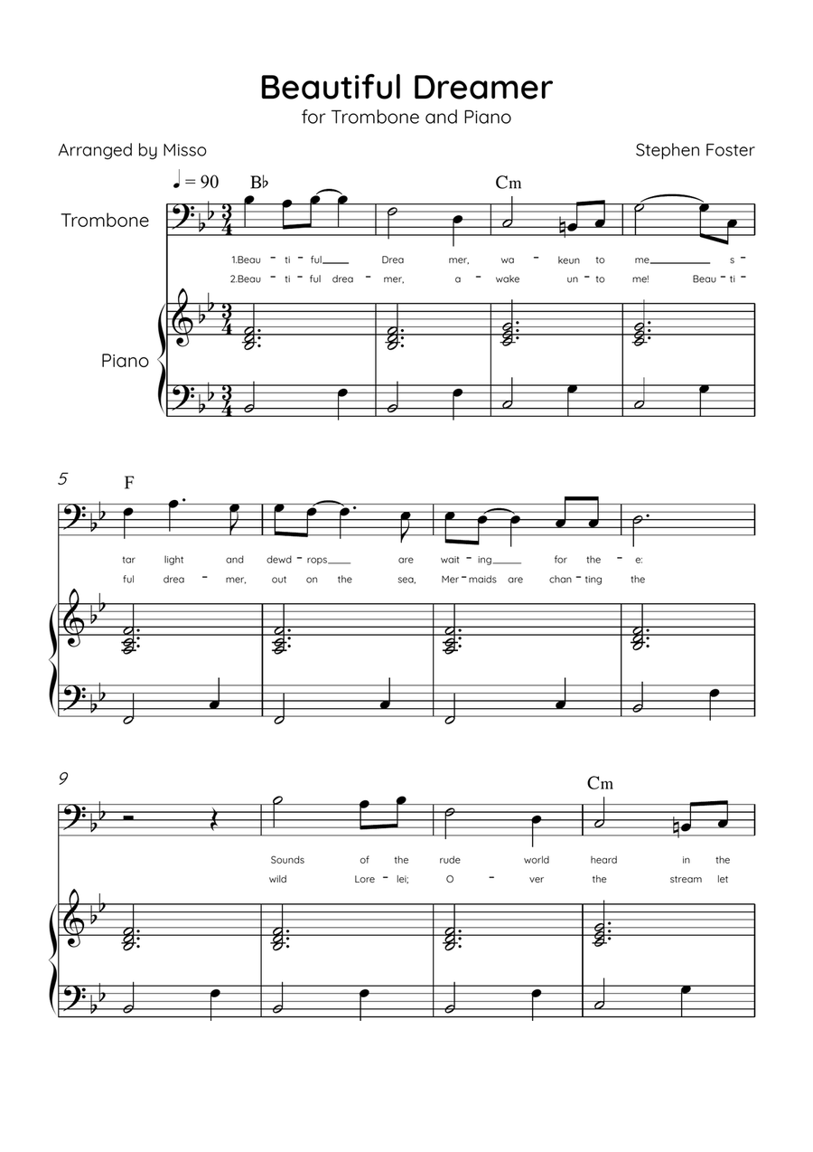 Beautiful Dreamer - Trombone and Piano in Bb Major Easy - Lyrics & Chords (Version Tom Roush) Piano Accompaniment scores gallery preview page 1