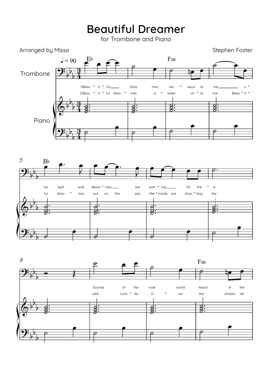 Beautiful Dreamer - Trombone and Piano in Eb Major Easy - Lyrics & Chords (Version Tom Roush) Piano Accompaniment scores gallery preview page 1