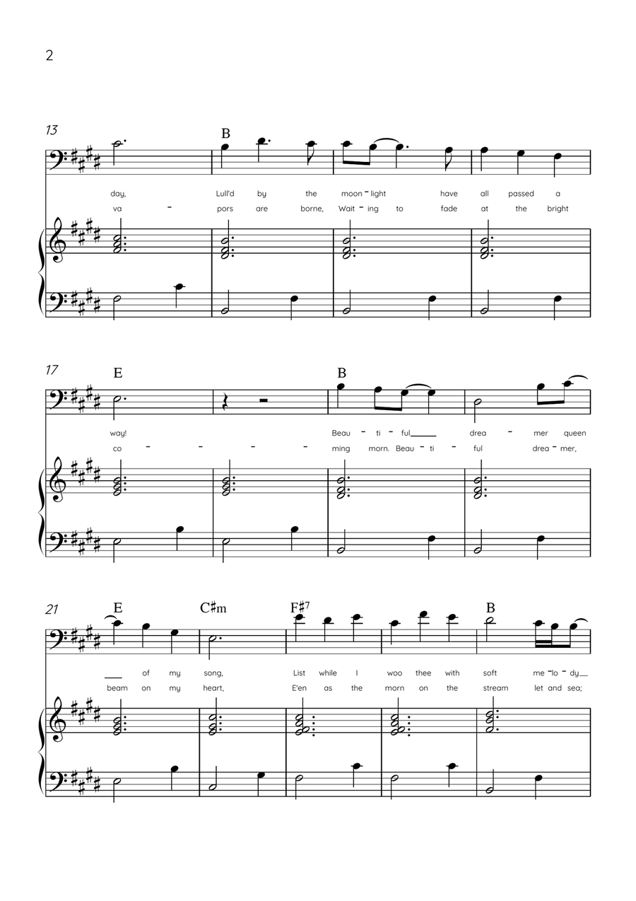 Beautiful Dreamer - Trombone and Piano in E Major Easy - Lyrics & Chords (Version Tom Roush) Piano Accompaniment scores gallery preview page 2