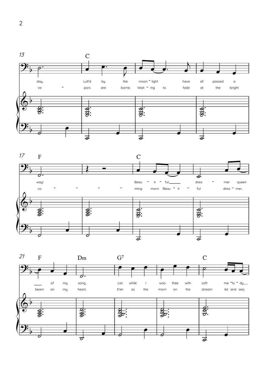 Beautiful Dreamer - Trombone and Piano in F Major Easy - Lyrics & Chords (Version Tom Roush) Piano Accompaniment scores gallery preview page 2