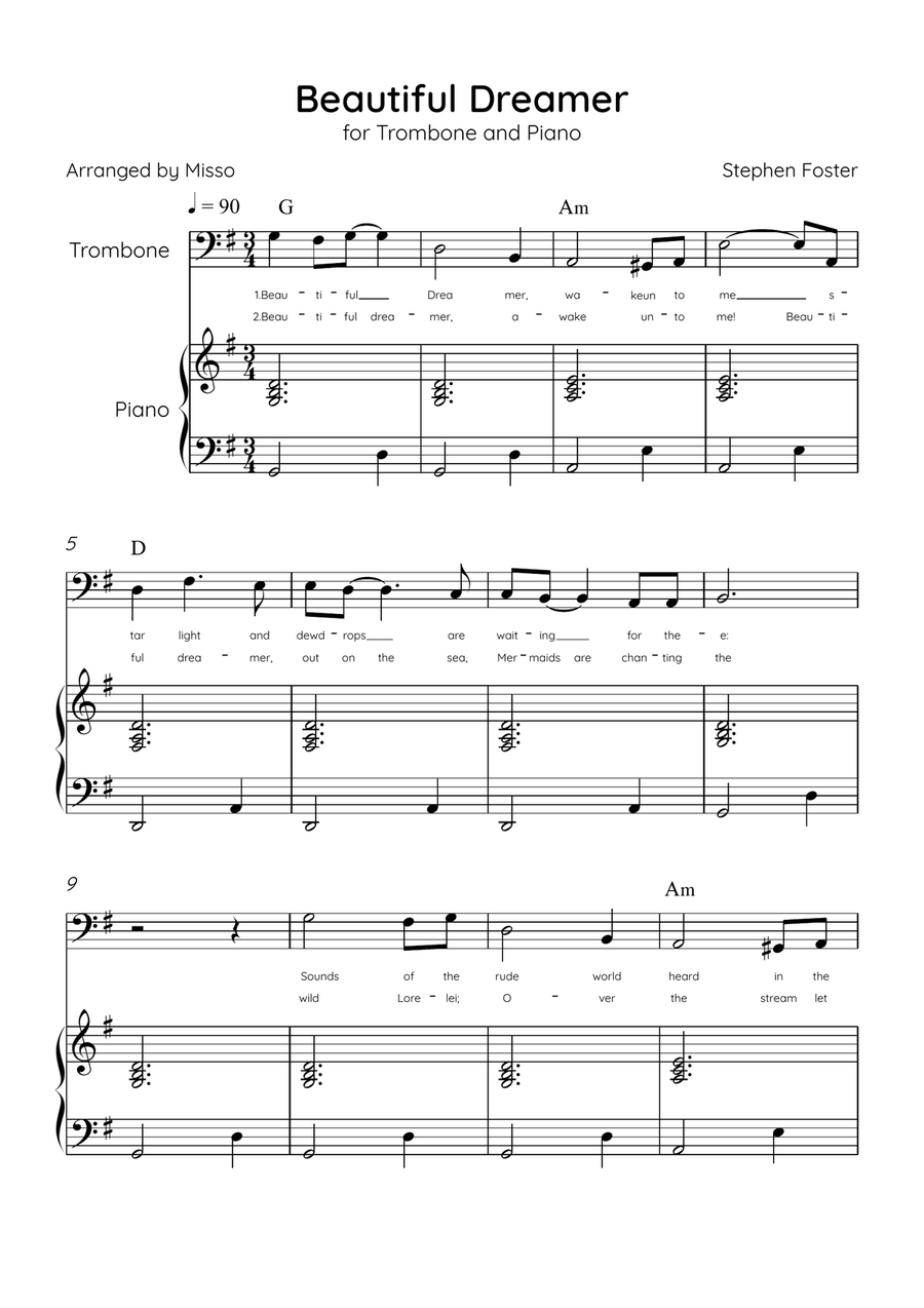 Beautiful Dreamer - Trombone and Piano in G Major Easy - Lyrics & Chords (Version Tom Roush) Piano Accompaniment scores gallery preview page 1