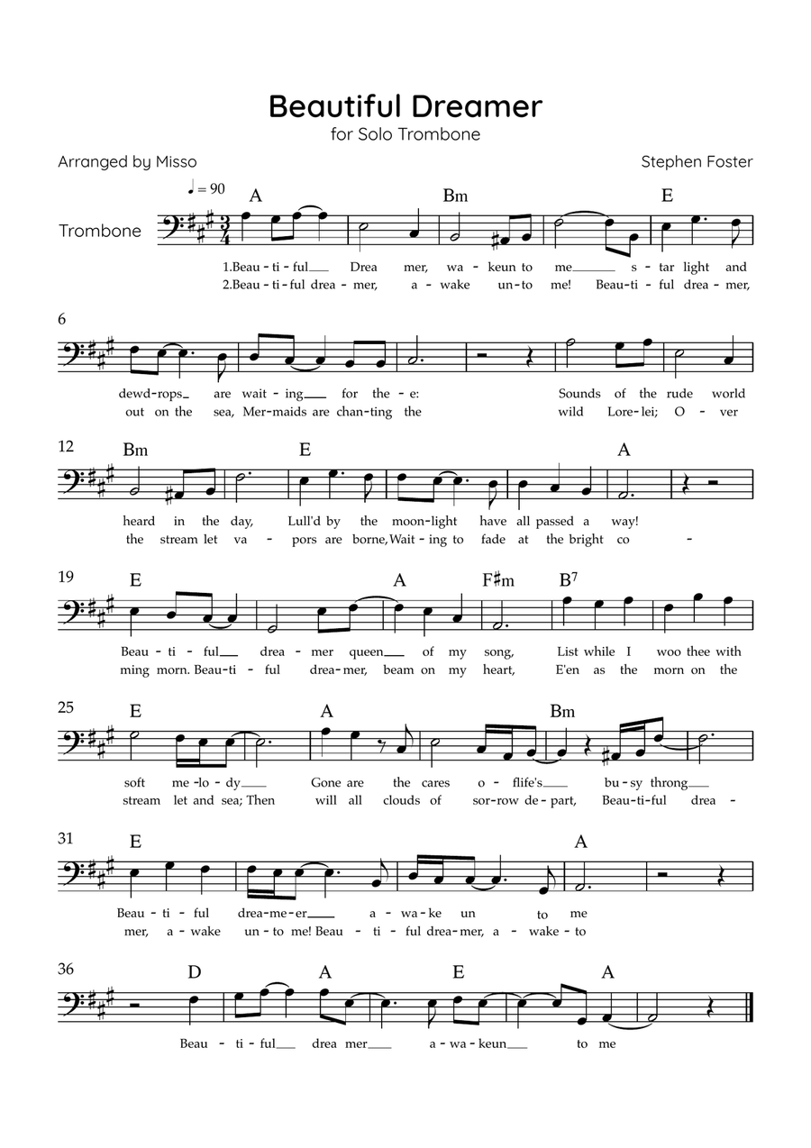 Beautiful Dreamer - Solo Trombone in A Major Easy - Lyrics & Chords (Version Tom Roush) Trombone Solo scores gallery preview page 1