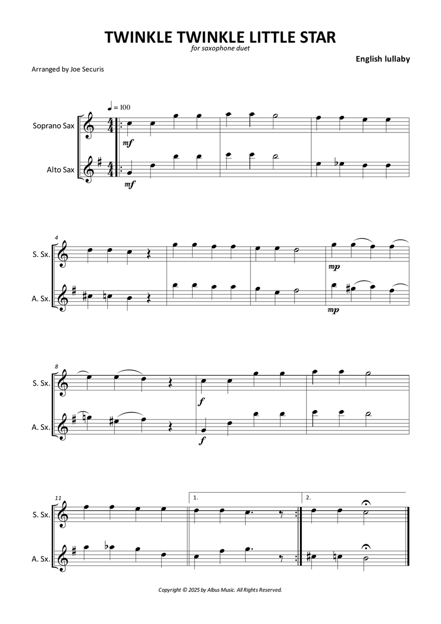 Twinkle Twinkle Little Star Soprano Saxophone scores gallery preview page 1