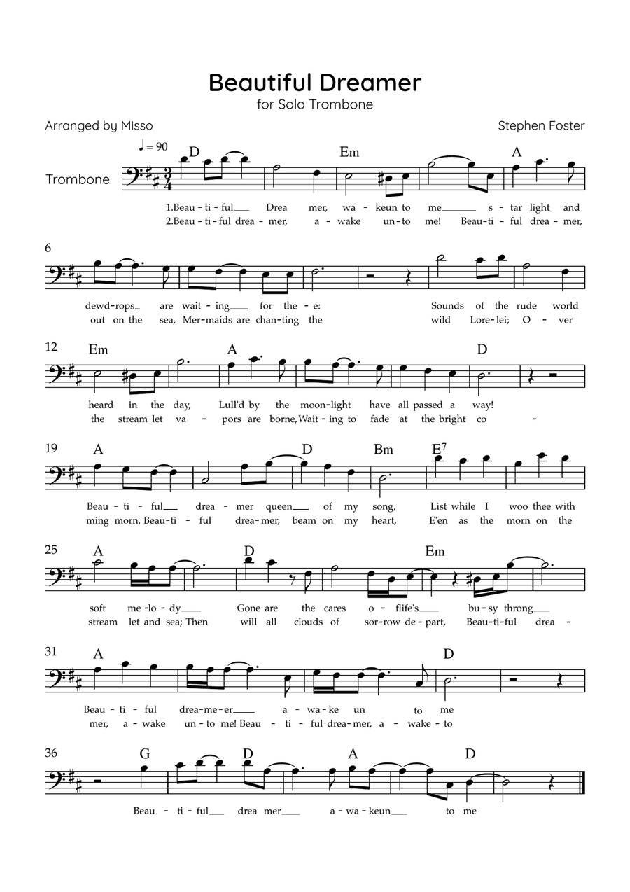 Beautiful Dreamer - Solo Trombone in D Major Easy - Lyrics & Chords (Version Tom Roush) Trombone Solo scores gallery preview page 1