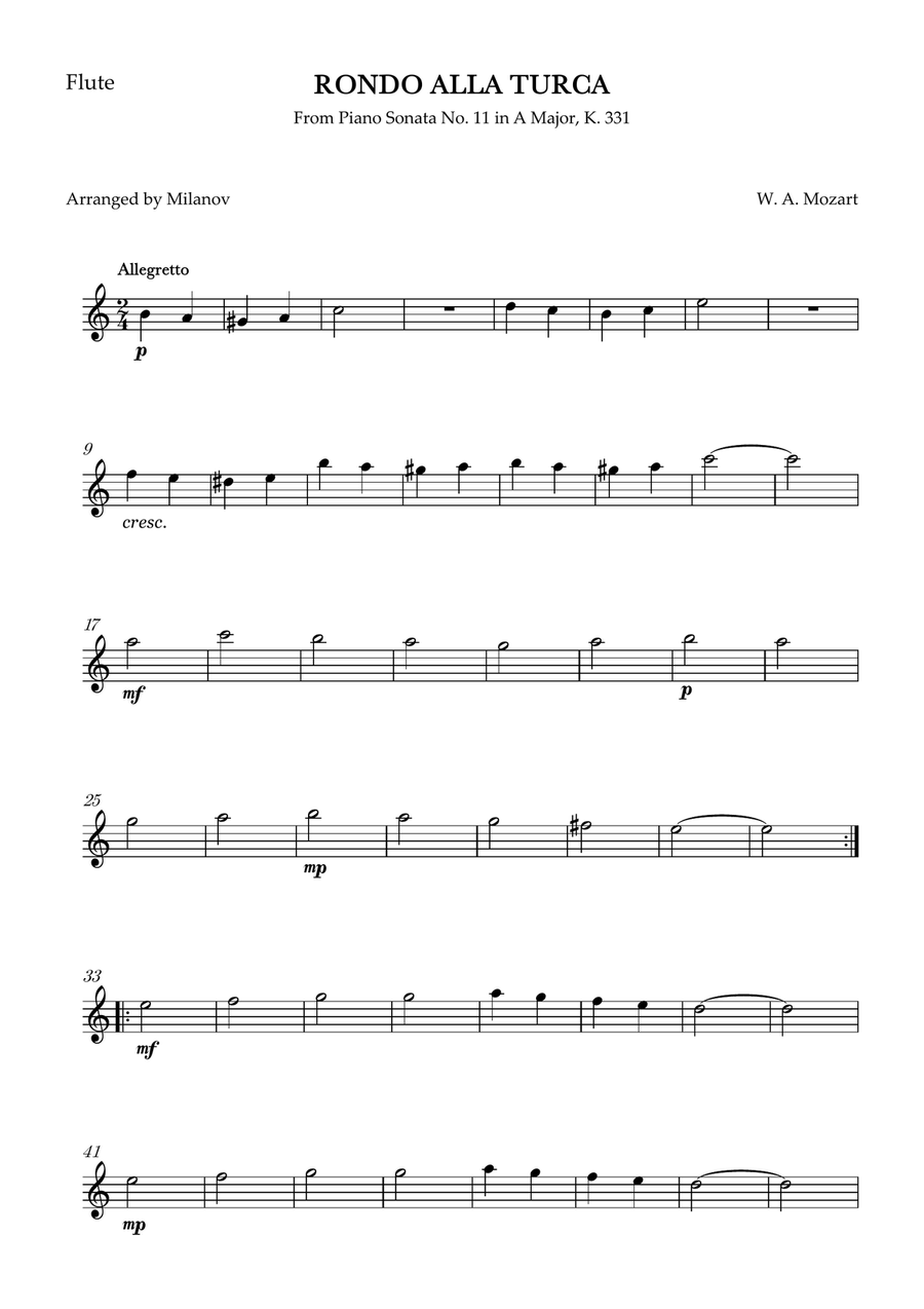Rondo Alla Turca | Mozart | flute and cello duet | easy beginner Flute scores gallery preview page 3