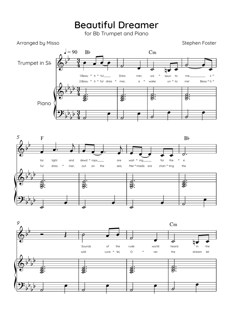 Beautiful Dreamer - Bb Trumpet and Piano in Ab Major Easy - Lyrics & Chords (Version Tom Roush) B-Flat Trumpet scores gallery preview page 1