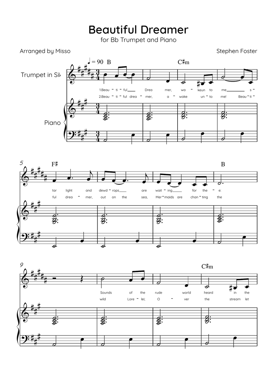 Beautiful Dreamer - Bb Trumpet and Piano in A Major Easy - Lyrics & Chords (Version Tom Roush) B-Flat Trumpet scores gallery preview page 1