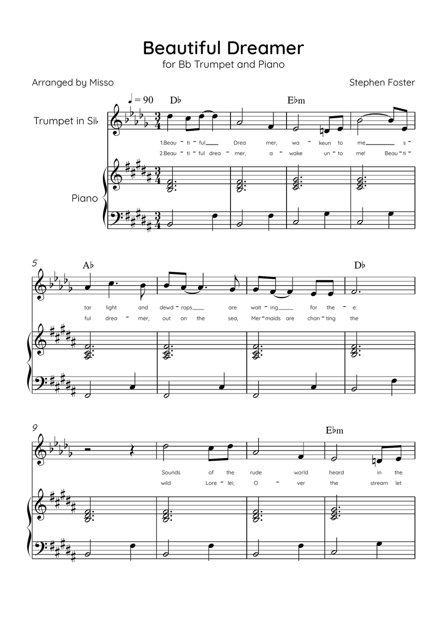 Beautiful Dreamer - Bb Trumpet and Piano in B Major Easy - Lyrics & Chords (Version Tom Roush) B-Flat Trumpet scores gallery preview page 1