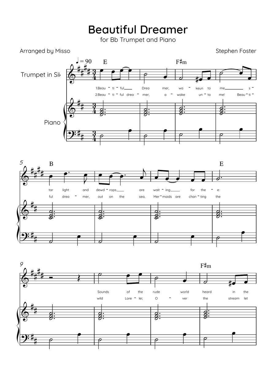 Beautiful Dreamer - Bb Trumpet and Piano in D Major Easy - Lyrics & Chords (Version Tom Roush) B-Flat Trumpet scores gallery preview page 1