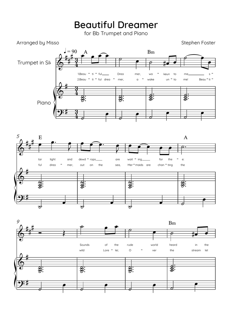 Beautiful Dreamer - Bb Trumpet and Piano in G Major Easy - Lyrics & Chords (Version Tom Roush) B-Flat Trumpet scores gallery preview page 1