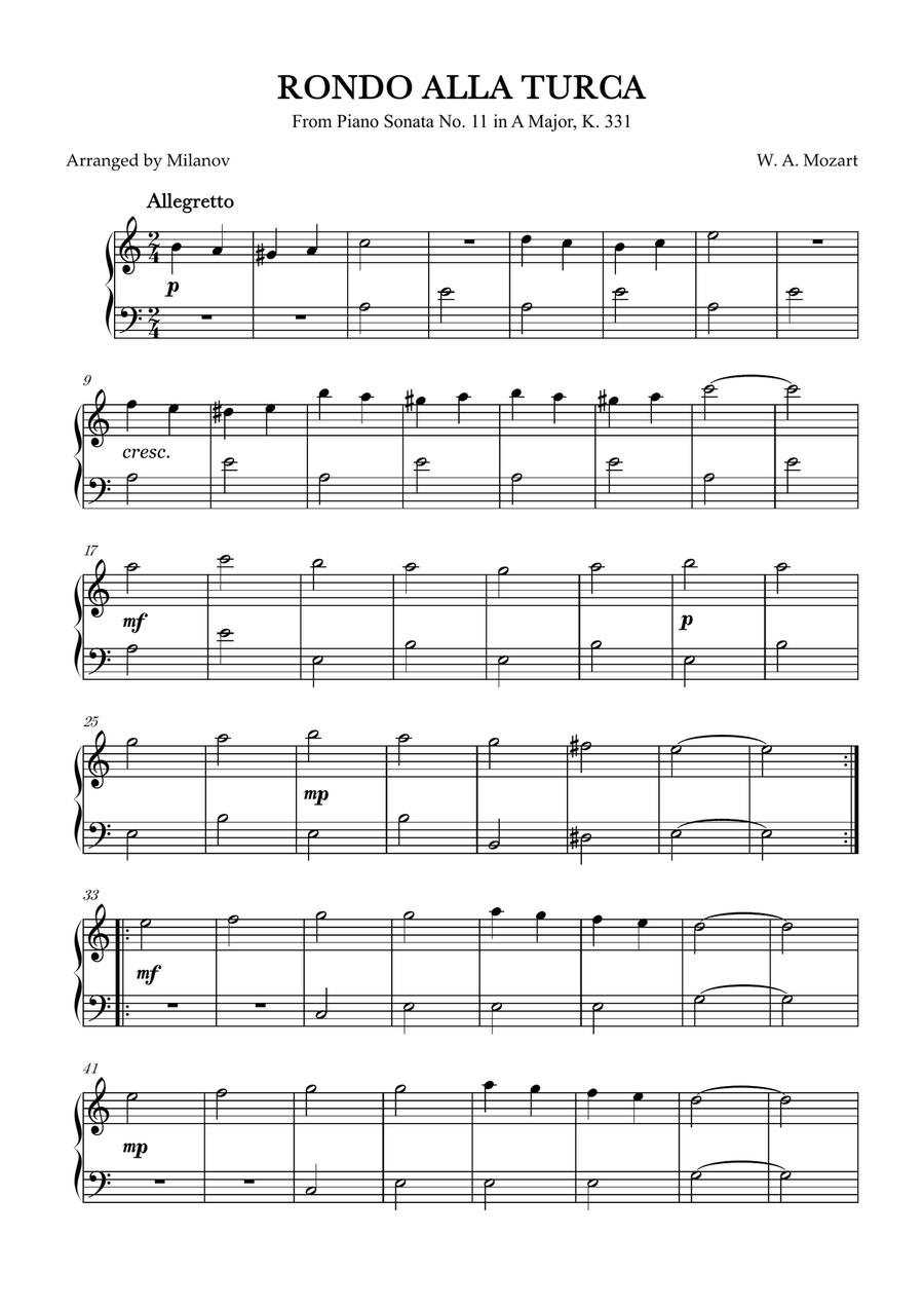Rondo Alla Turca | Mozart | piano | easy beginner Easy Piano scores gallery preview page 1
