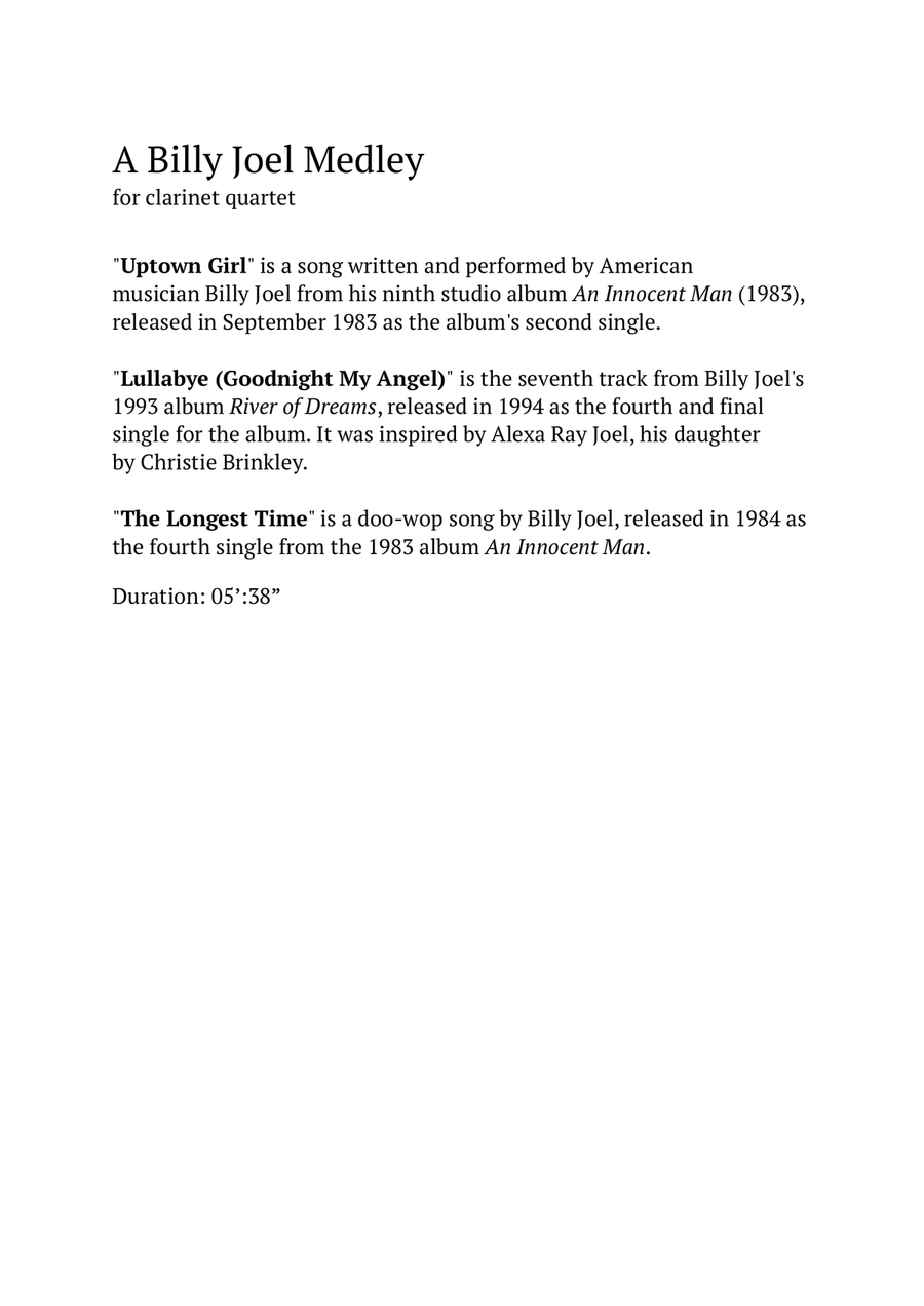 Medley: Uptown Girl with Lullabye (Goodnight, My Angel) and The Longest Time Woodwind Quartet scores gallery preview page 2