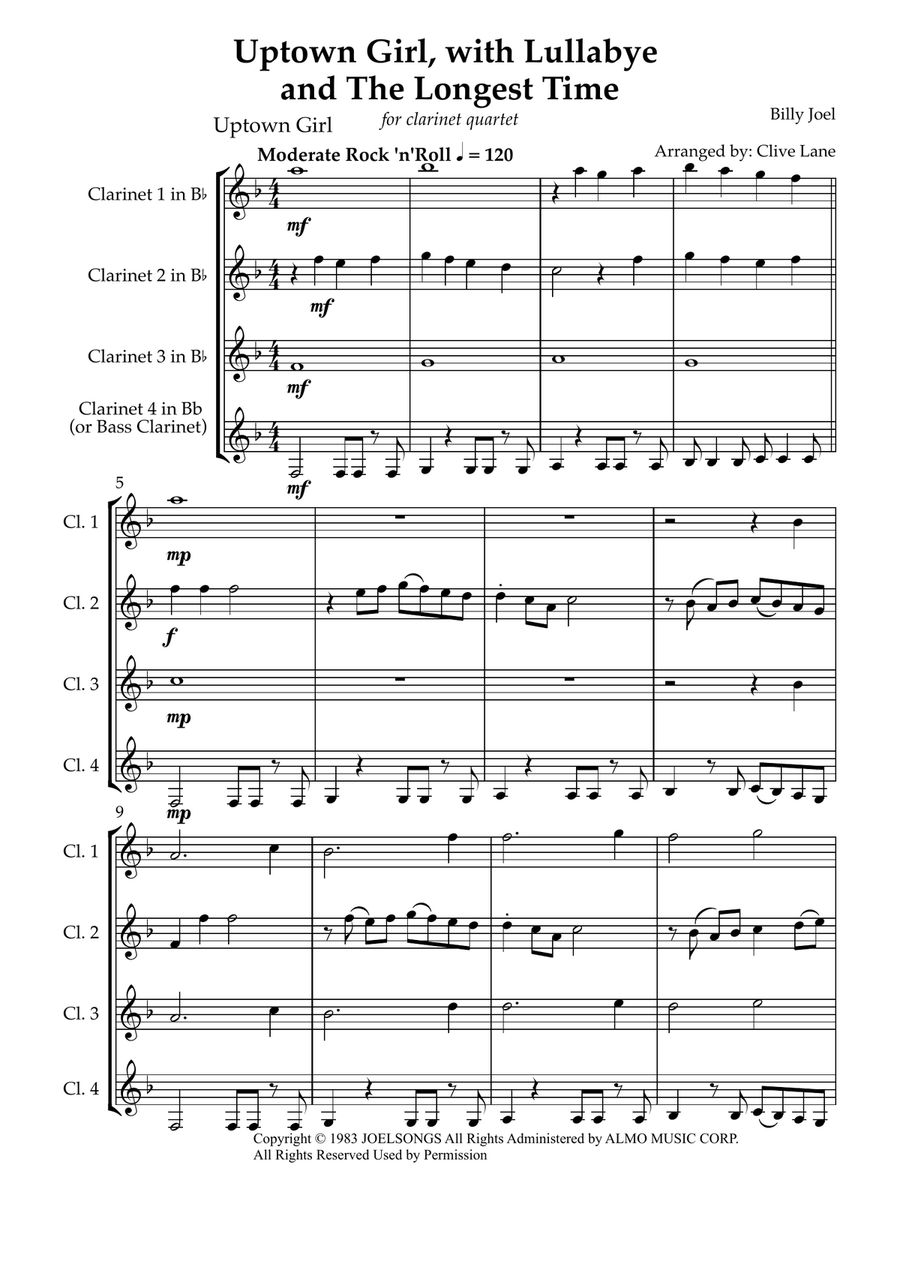 Medley: Uptown Girl with Lullabye (Goodnight, My Angel) and The Longest Time Woodwind Quartet scores gallery preview page 3