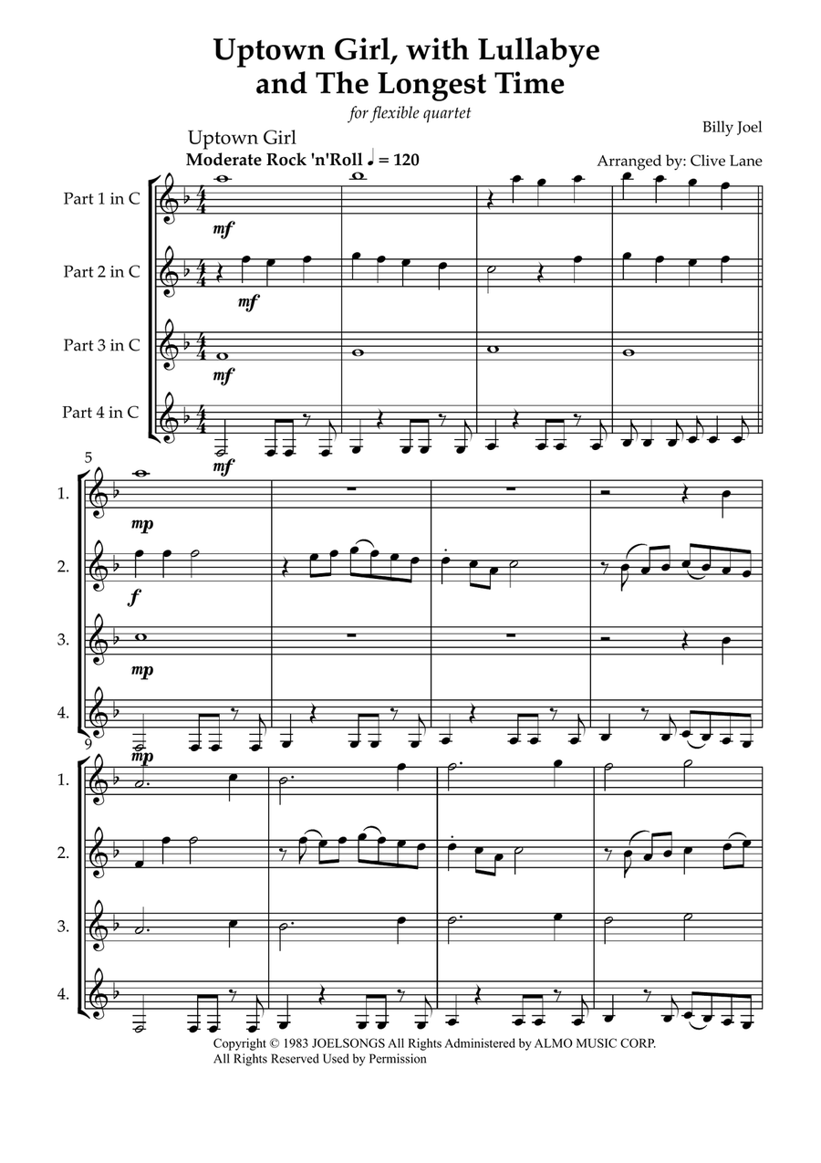 Medley: Uptown Girl with Lullabye (Goodnight, My Angel) and The Longest Time Woodwind Quartet scores gallery preview page 3