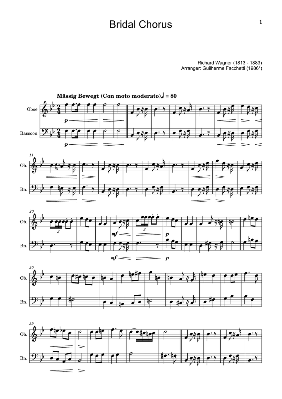 Bridal Chorus. R. Wagner - Arranged for Oboe and Bassoon Woodwind Duet scores gallery preview page 1