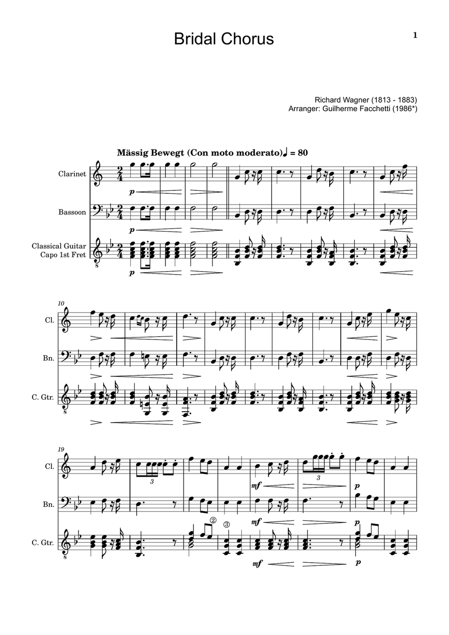 Bridal Chorus. R. Wagner - Clarinet, Bassoon and Guitar. Score and Parts. Small Ensemble scores gallery preview page 1