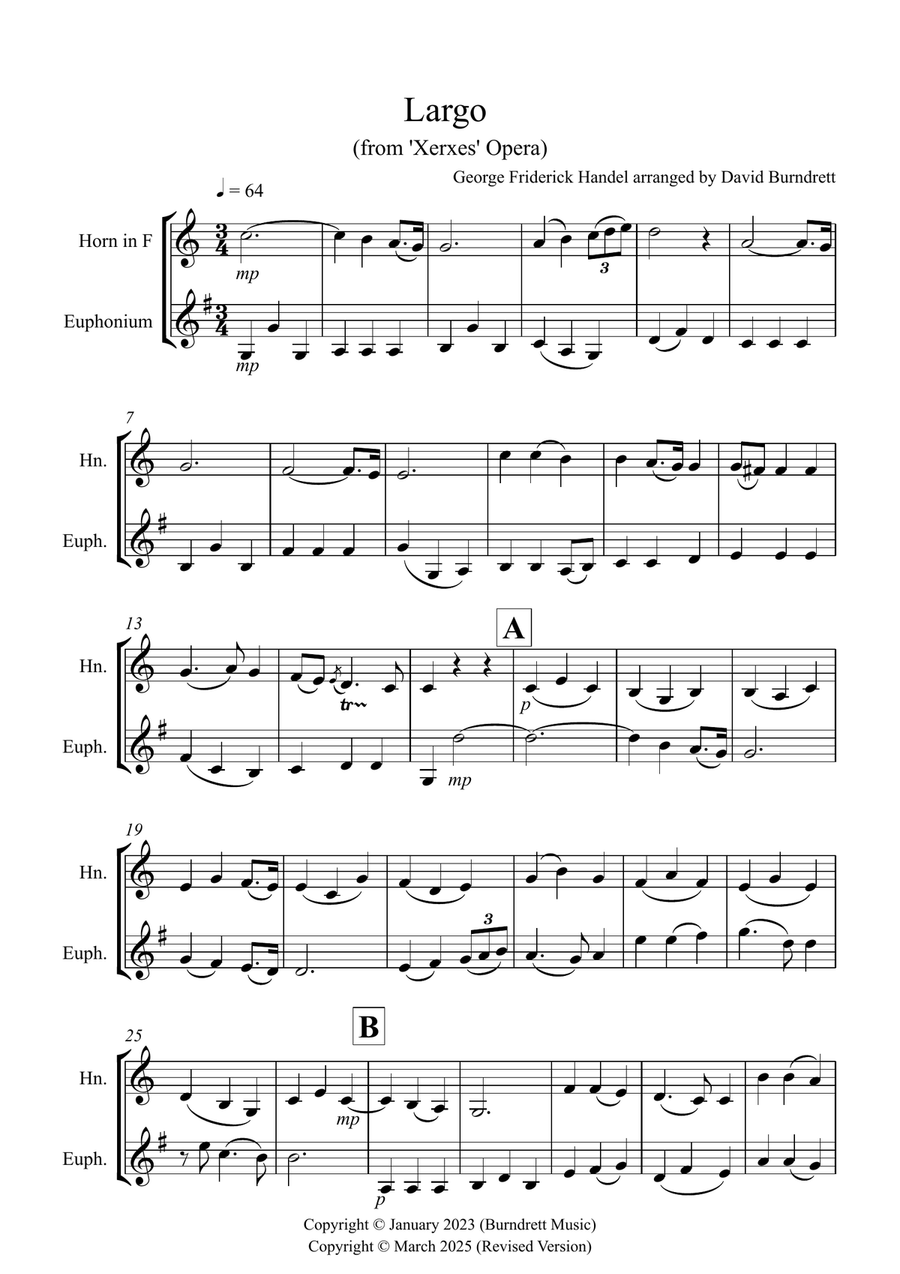 Largo (Handel) for Horn and Euphonium Duet Brass Duet scores gallery preview page 1