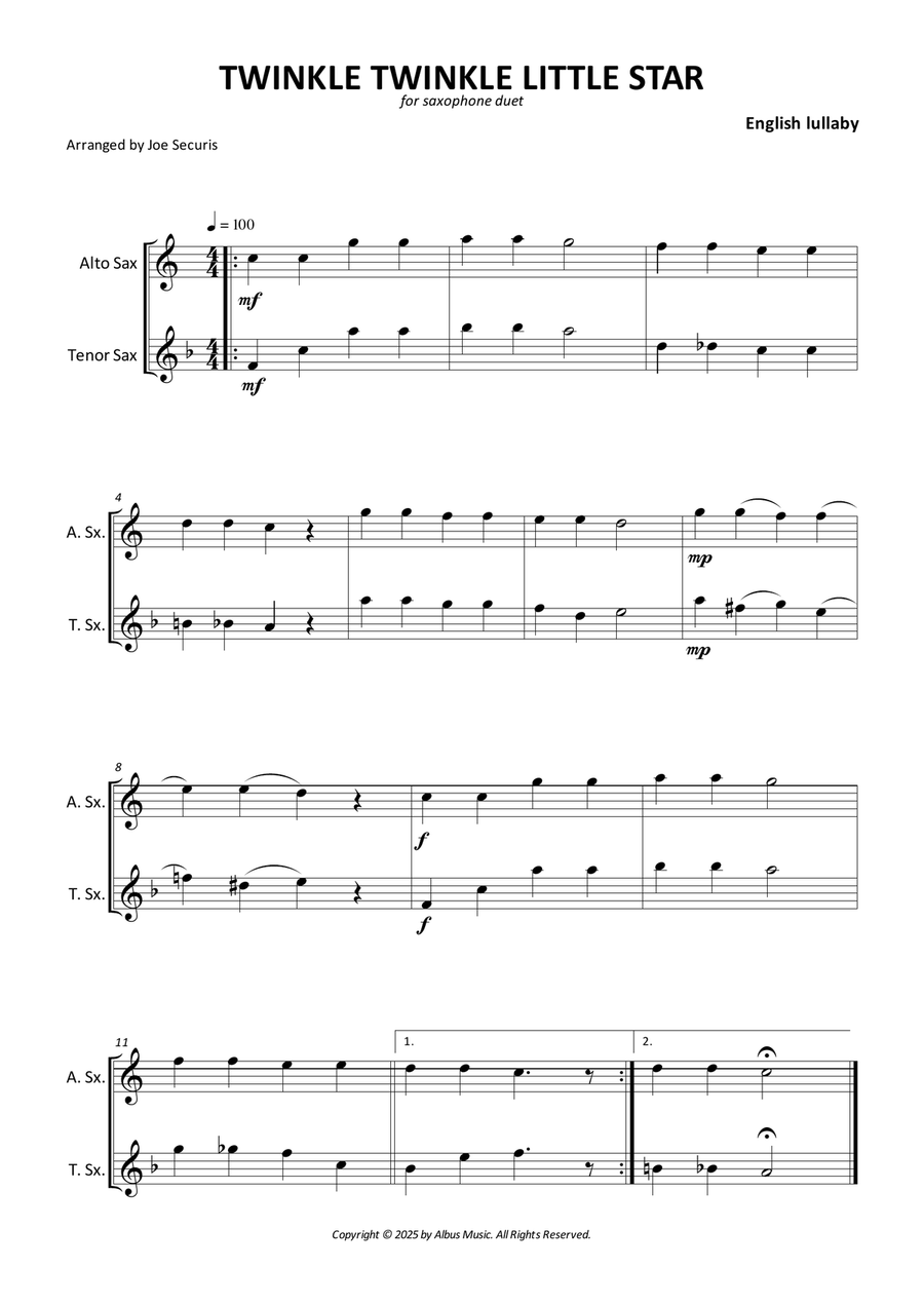 Twinkle Twinkle Little Star Tenor Saxophone scores gallery preview page 1